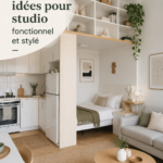 Intérieur d'un appartement studio moderne bien agencé avec des couleurs chaleureuses et des meubles fonctionnels