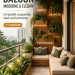 Balcon élégant aménagé avec seating en bois et jardinières luxuriantes.