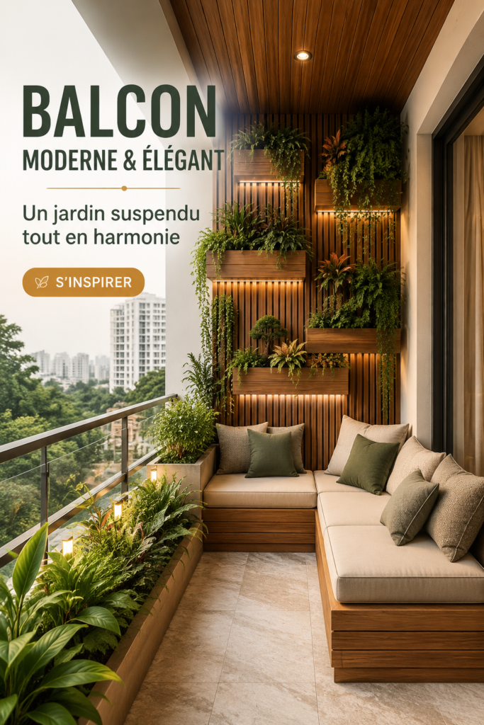 Balcon élégant aménagé avec seating en bois et jardinières luxuriantes.