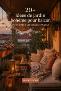 Balcon aménagé en jardin boho avec des plantes vertes et des accessoires décoratifs