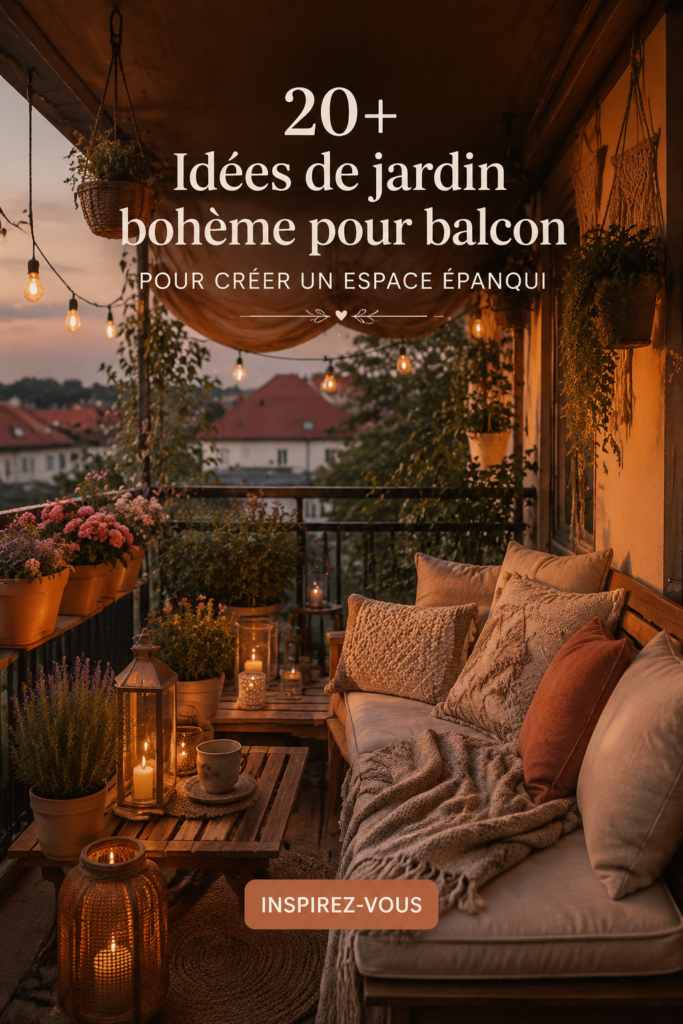 Balcon aménagé en jardin boho avec des plantes vertes et des accessoires décoratifs