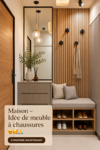 Meuble à chaussures moderne dans une entrée stylée, alliant praticité et esthétique.