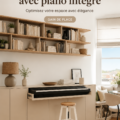 Meuble de rangement élégant avec piano intégré dans un salon moderne.