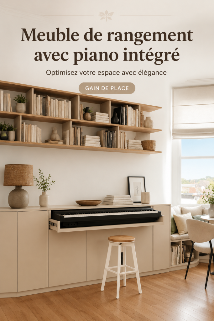 Meuble de rangement élégant avec piano intégré dans un salon moderne.