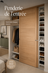 Une penderie d'entrée bien organisée avec des manteaux et accessoires