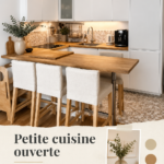 Vue d'une petite cuisine ouverte moderne avec des rangements optimisés et une décoration chaleureuse.
