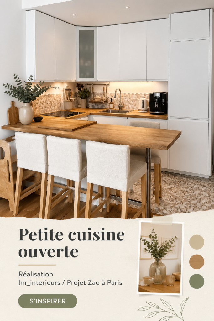 Vue d'une petite cuisine ouverte moderne avec des rangements optimisés et une décoration chaleureuse.