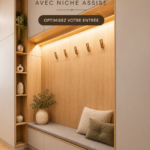Couloir aménagé avec du rangement et des sièges intégrés, décoré avec goût.
