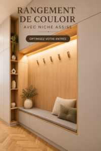 Couloir aménagé avec du rangement et des sièges intégrés, décoré avec goût.