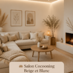 Salon cocooning décoré en beige et blanc avec des meubles confortables et des accessoires chaleureux.
