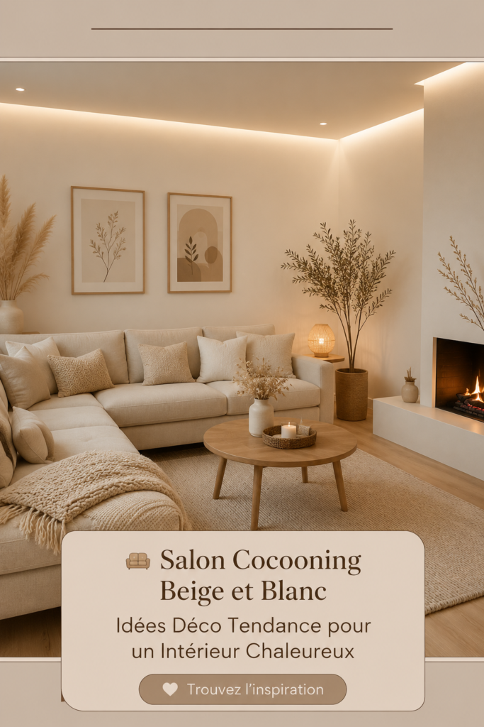 Salon cocooning décoré en beige et blanc avec des meubles confortables et des accessoires chaleureux.