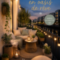 Balcon décoré avec plantes et mobilier confortable, créant une oasis de sérénité.