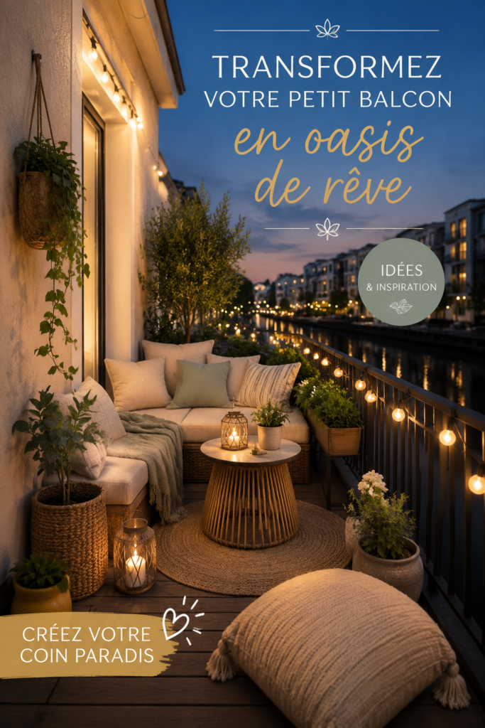 Balcon décoré avec plantes et mobilier confortable, créant une oasis de sérénité.