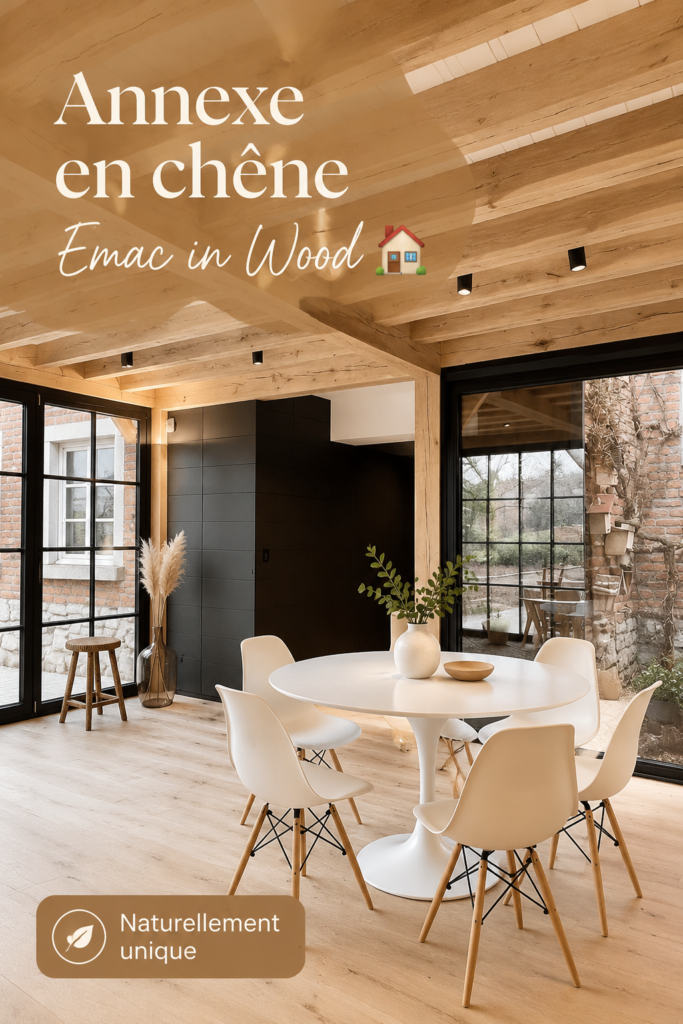 Annexe en chêne construite dans un jardin, créant un espace convivial.
