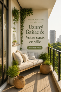 Un balcon décoré avec des plantes et du mobilier confortable, créant un espace cocooning.