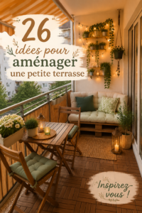 Une petite terrasse aménagée avec des meubles confortables et des plantes décoratives.
