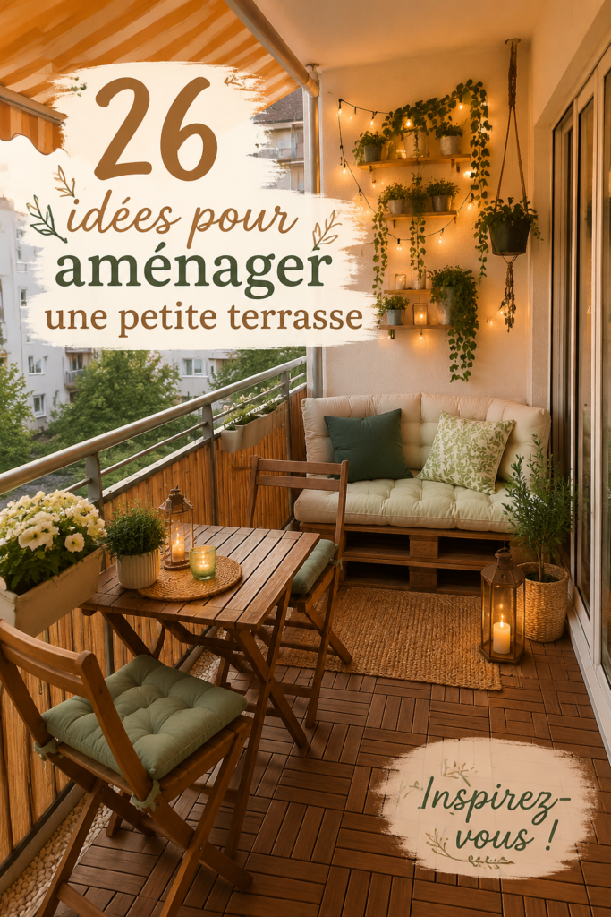 Une petite terrasse aménagée avec des meubles confortables et des plantes décoratives.