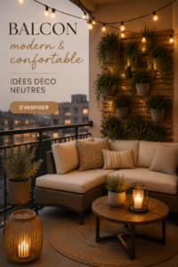 Un balcon moderne avec des meubles chaleureux et des plantes décoratives.