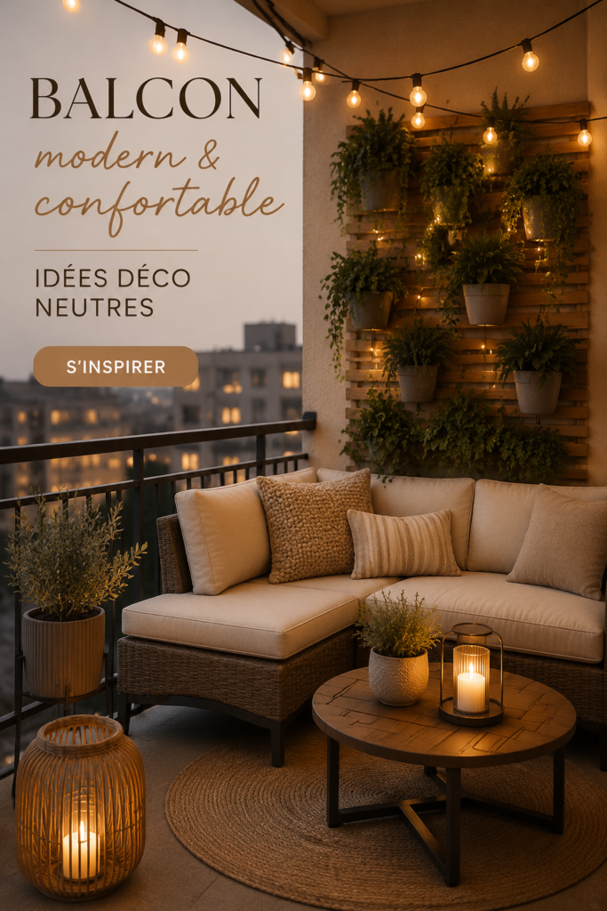 Un balcon moderne avec des meubles chaleureux et des plantes décoratives.
