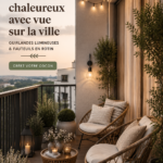 Un balcon cosy avec des lumières et des chaises en osier, avec vue sur la ville