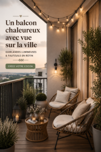 Un balcon cosy avec des lumières et des chaises en osier, avec vue sur la ville