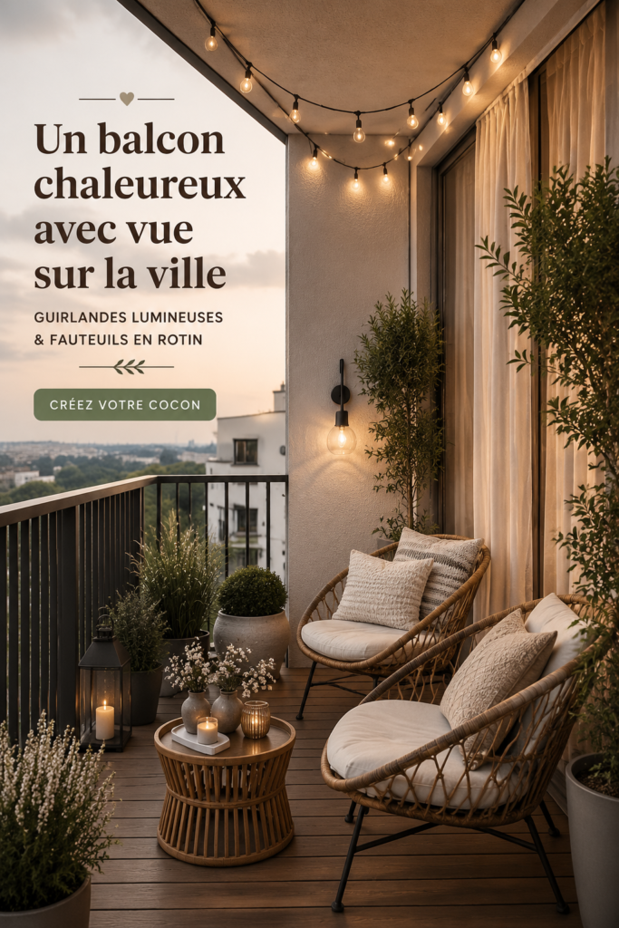Un balcon cosy avec des lumières et des chaises en osier, avec vue sur la ville