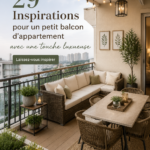 Balcon élégant avec des meubles confortables et des plantes décoratives