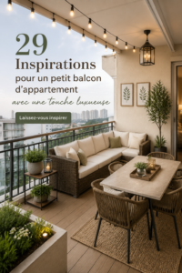 Balcon élégant avec des meubles confortables et des plantes décoratives