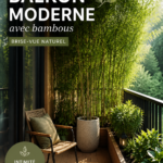 Un balcon moderne décoré de bambous, créant une atmosphère apaisante.