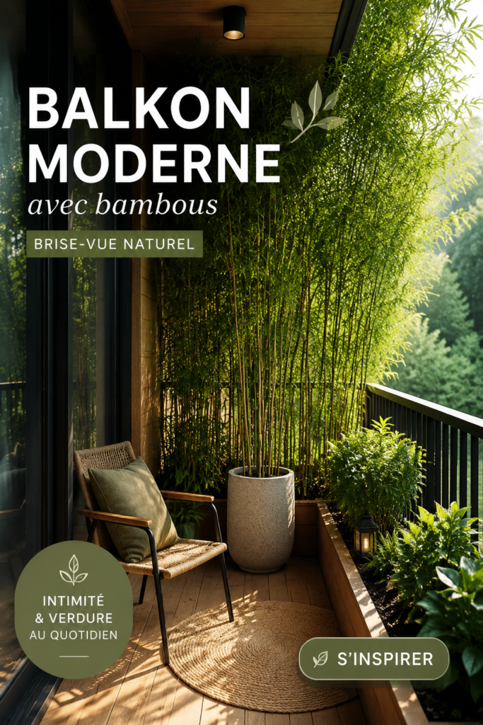 Un balcon moderne décoré de bambous, créant une atmosphère apaisante.