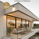 Balcon moderne en verre avec des plantes et du mobilier confortables