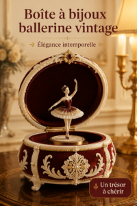 Boîte à bijoux ballerine vintage ouverte, montrant une danseuse en mouvement et des détails délicats.