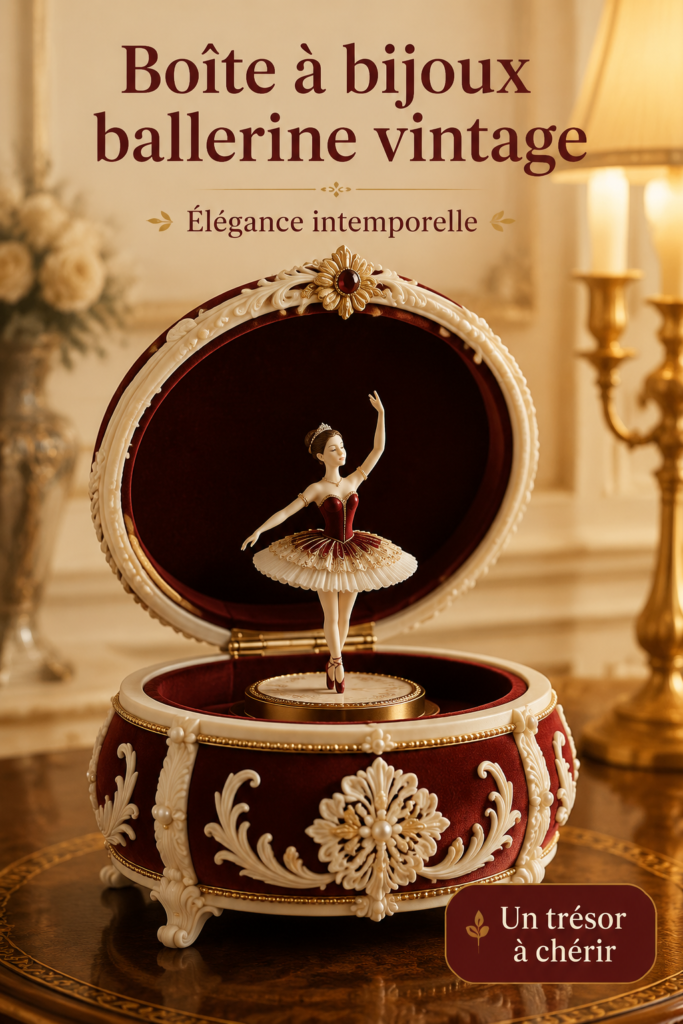Boîte à bijoux ballerine vintage ouverte, montrant une danseuse en mouvement et des détails délicats.