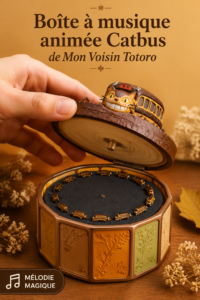 Boîte à musique animée inspirée de Totoro, décorée de motifs colorés.