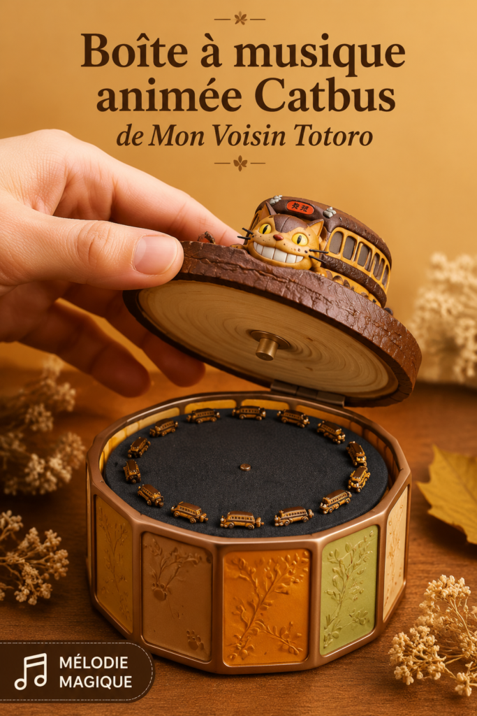 Boîte à musique animée inspirée de Totoro, décorée de motifs colorés.
