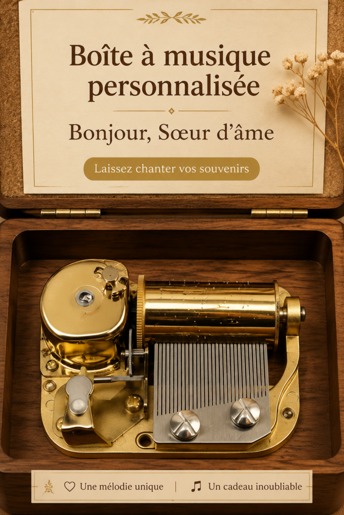 Illustration d'une boîte à musique personnalisée avec un design élégant et une mélodie douce.