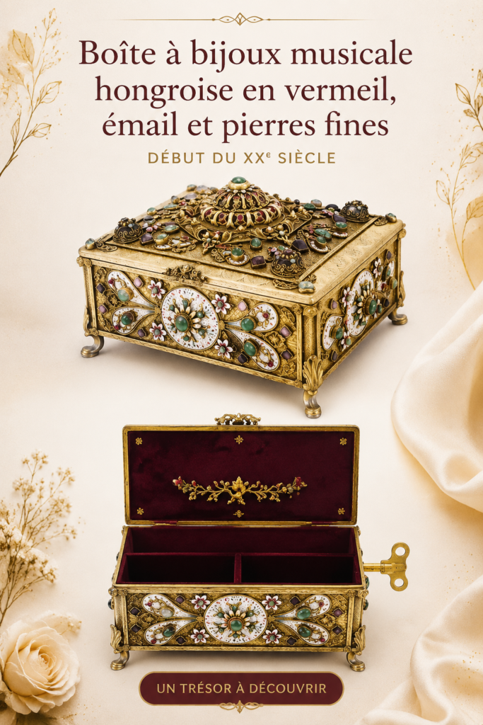 Boîte à musique en argent exposée sur une étagère décorative