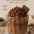 Bougie parfumée latte au chocolat sur une table en bois, créant une ambiance cozy.