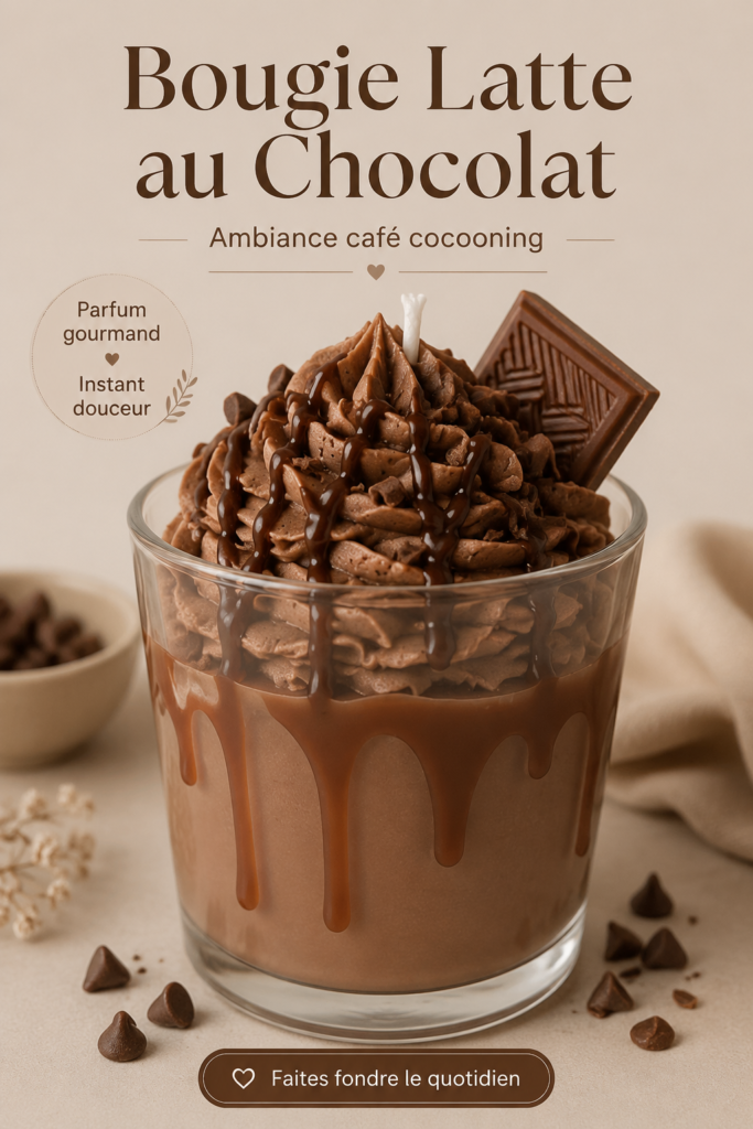 Bougie parfumée latte au chocolat sur une table en bois, créant une ambiance cozy.