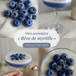 Bougie parfumée « Blueberry Dream » avec un parfum fruité sur une table décorée.
