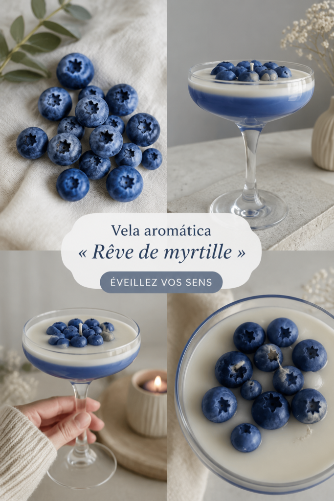 Bougie parfumée « Blueberry Dream » avec un parfum fruité sur une table décorée.