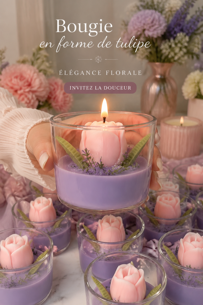 Bougie tulipe décorative en pleine floraison sur une table