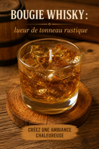 Bougie au whisky avec une lumière chaude, ajoutant une ambiance rustique à l'intérieur.