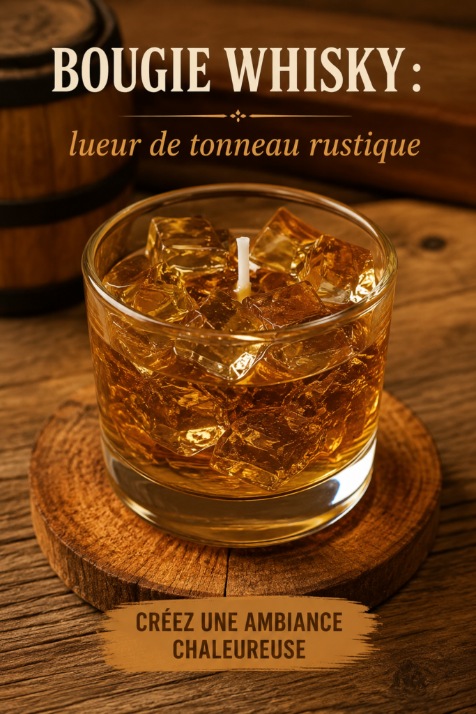 Bougie au whisky avec une lumière chaude, ajoutant une ambiance rustique à l'intérieur.