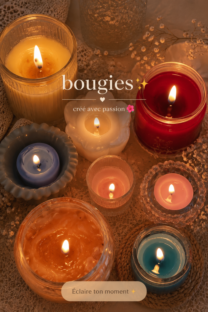 Bougies parfumées de différentes couleurs et senteurs disposées sur une table