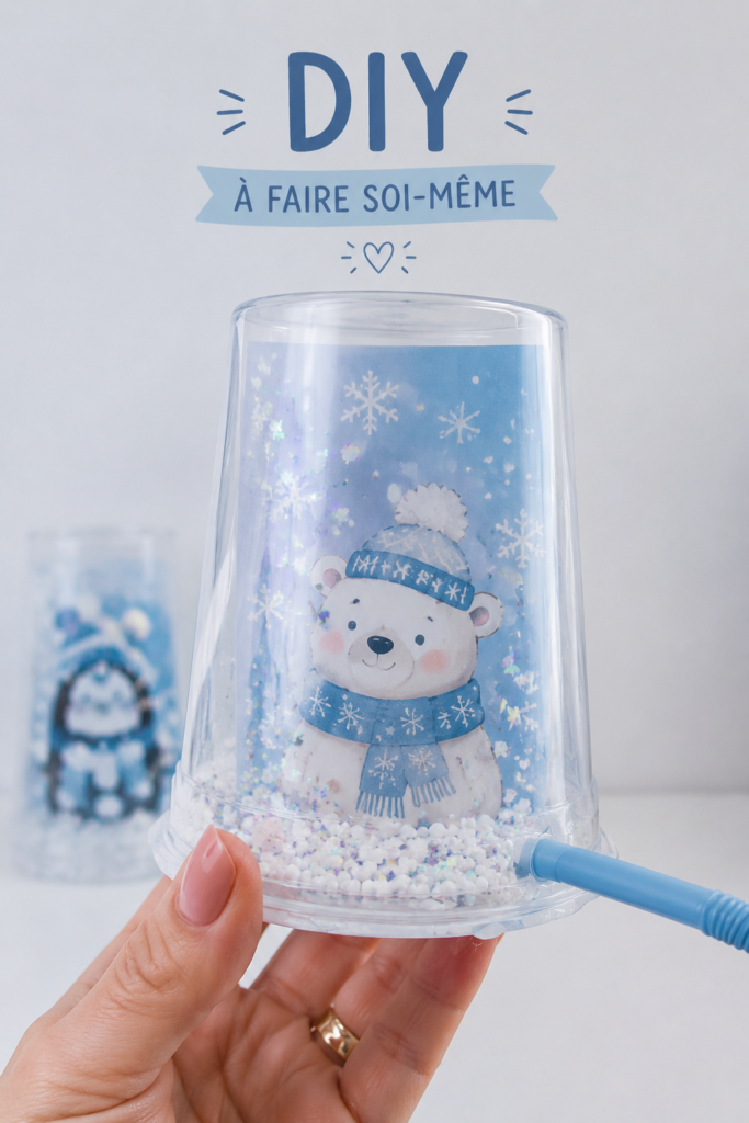Globe de Noël DIY décoré avec des flocons de neige et un sapin miniature.