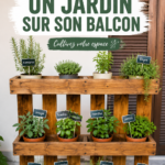 Un balcon aménagé avec des plantes fleuries et un coin détente