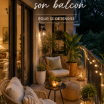 Balcon décoré avec des plantes vertes et un mobilier confortable pour un espace de détente.