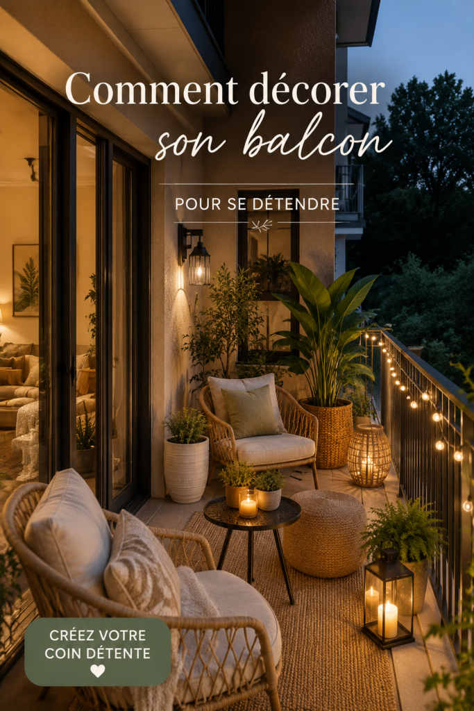 Balcon décoré avec des plantes vertes et un mobilier confortable pour un espace de détente.