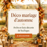 Arche en bois décorée avec des feuilles pour un mariage d'automne